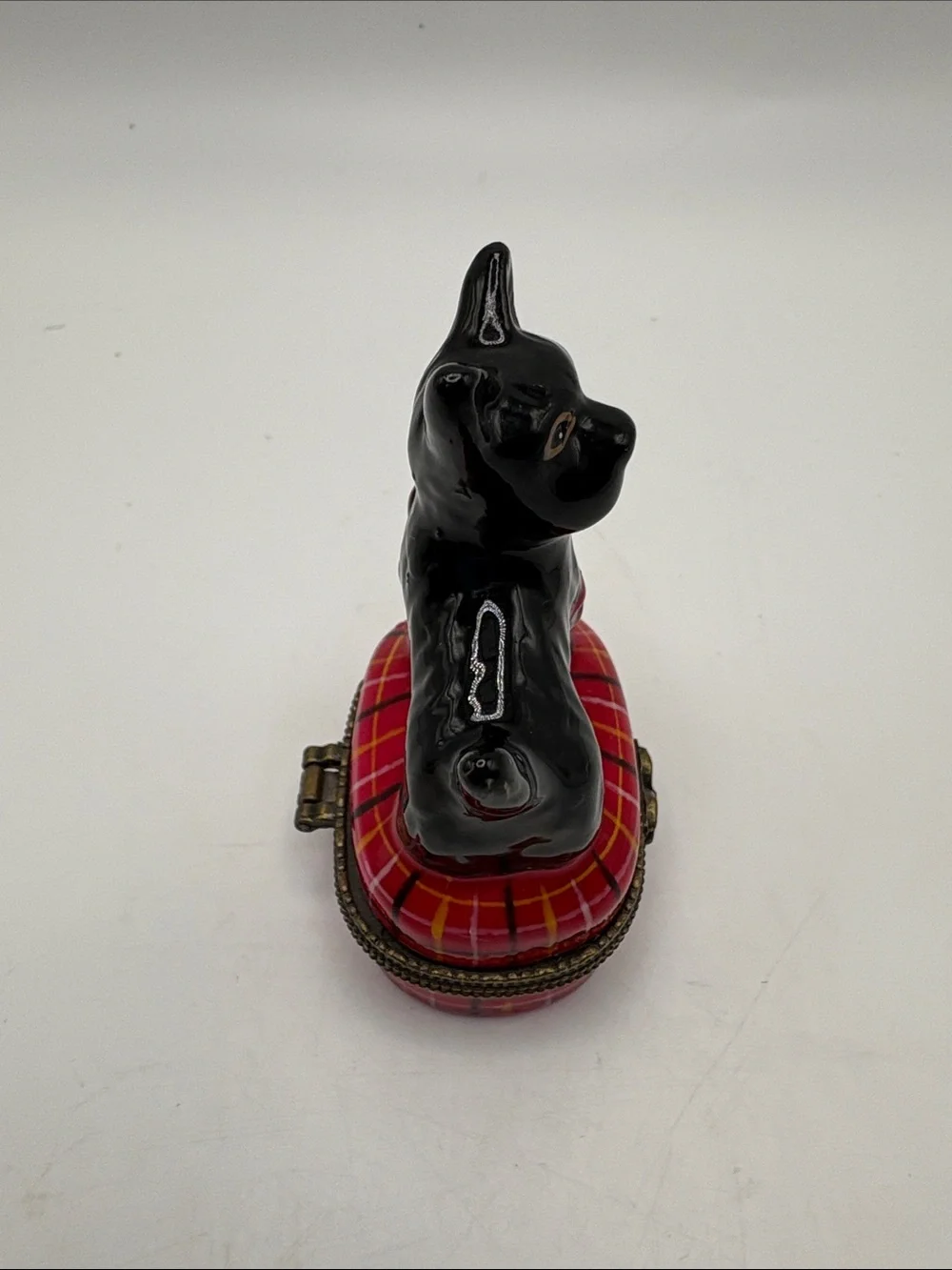 Black Ceramic Scottie Dog Trinket Box on Red Plaid Base
